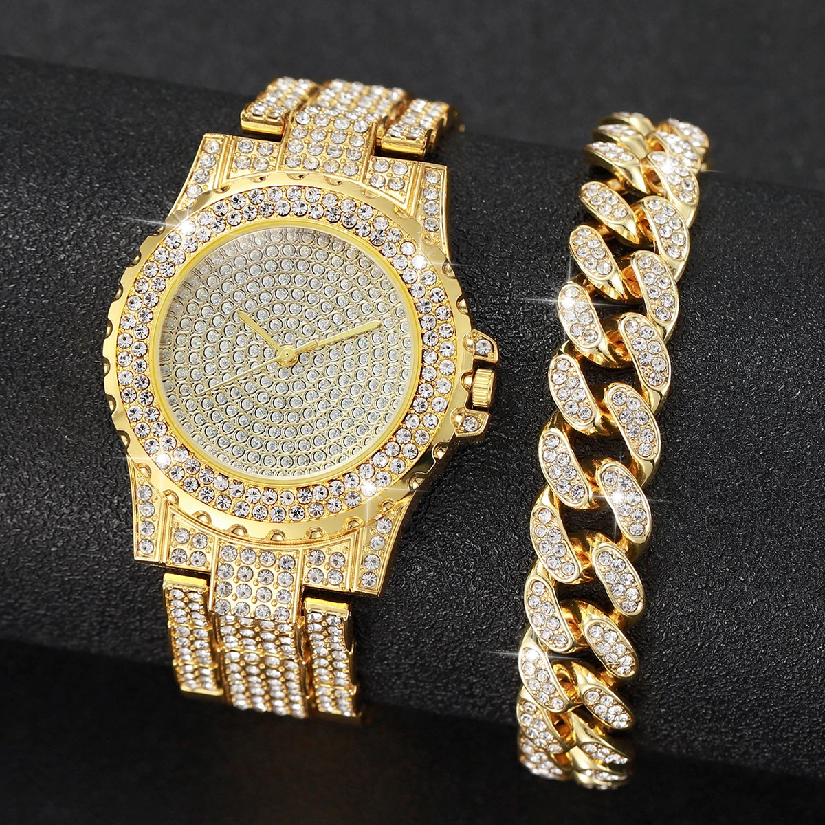 2PCS Luxury Full Diamond Men Watches Gold Steel Band Analog Quartz Watch Bracelet Set Relogio Masculino Reloj Hombre