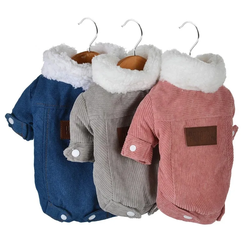 Chaqueta de pana y terciopelo para mascotas, abrigo con cuello de piel de cordero y piernas para mascotas, ropa cálida de otoño e invierno, ropa para cachorros para perros pequeños