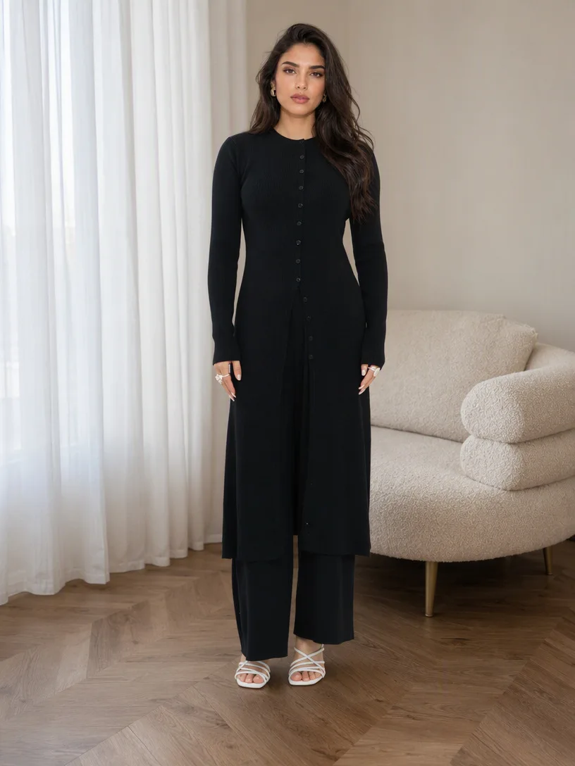 Muslim Women 2Pcs Set Buttons Knit Long Top Blouse Wide Leg Pants Suit Autumn Winter Islamic Outfit Musulman Ensembles Long Robe