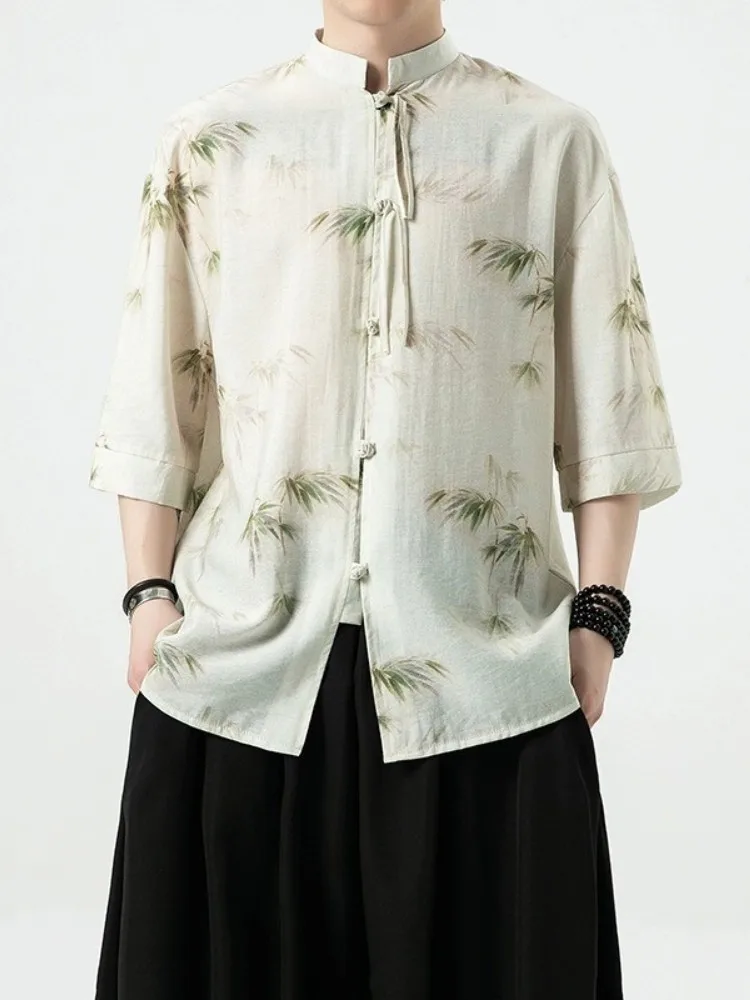 

Ice Silk ort Sve irt Men's Summer Set New Chinese Sle Button up Top Wind Tang Costume Improved Hanfu Loose Fit Youth...