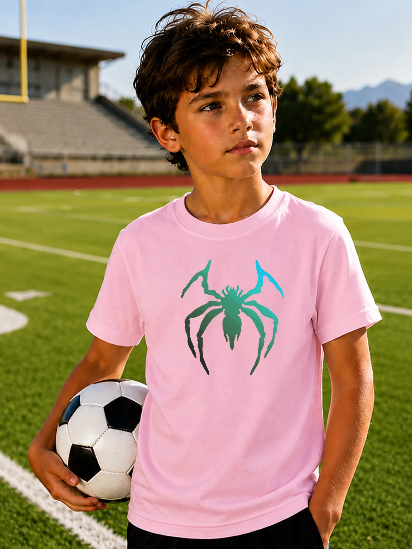 Gradient Green Spider Cool Pattern Print Boys Girls Family Matching Cotton Short Sleeve Crew Neck Soft Summer Kids Casual Tees