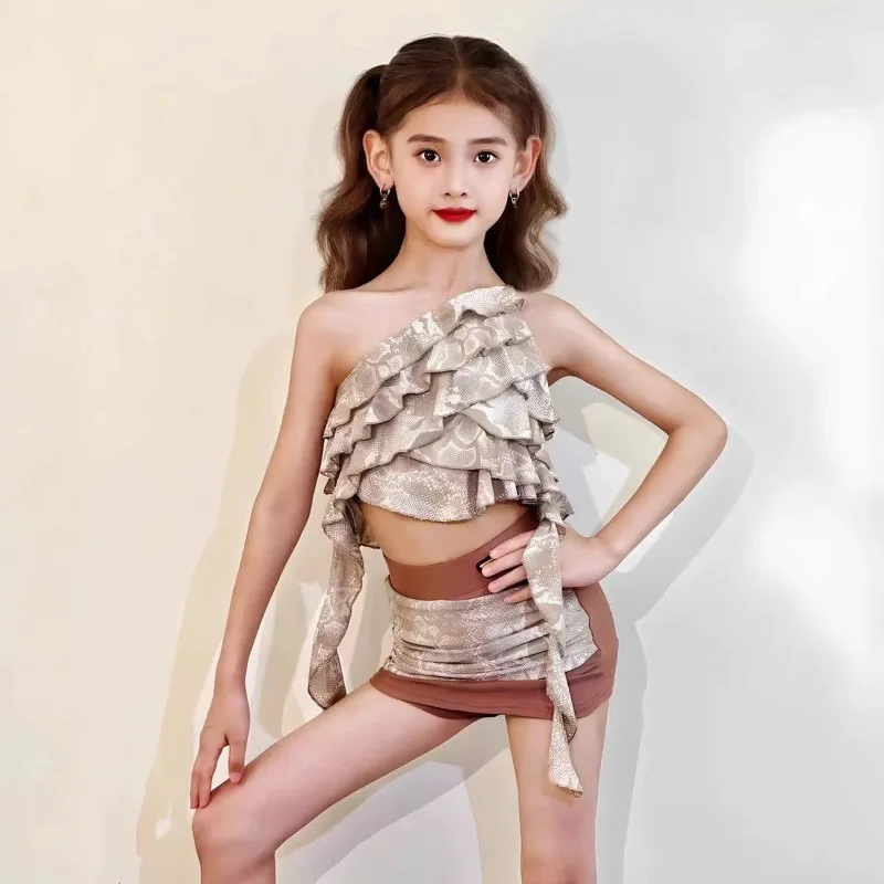

Children's girls' Latin dance snake-patterned ruffled shoulder girls' cha-cha rumba practice suit set with high elasticity