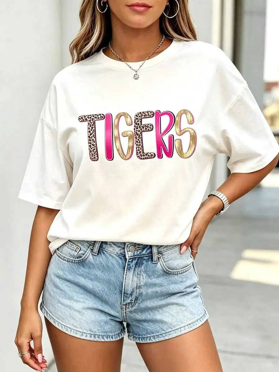 Women Casual Oversized Short Sleeve T Shirt Leopard Tigers Graphic Print Crewneck Summer Daily Wear Loose Fit Top
