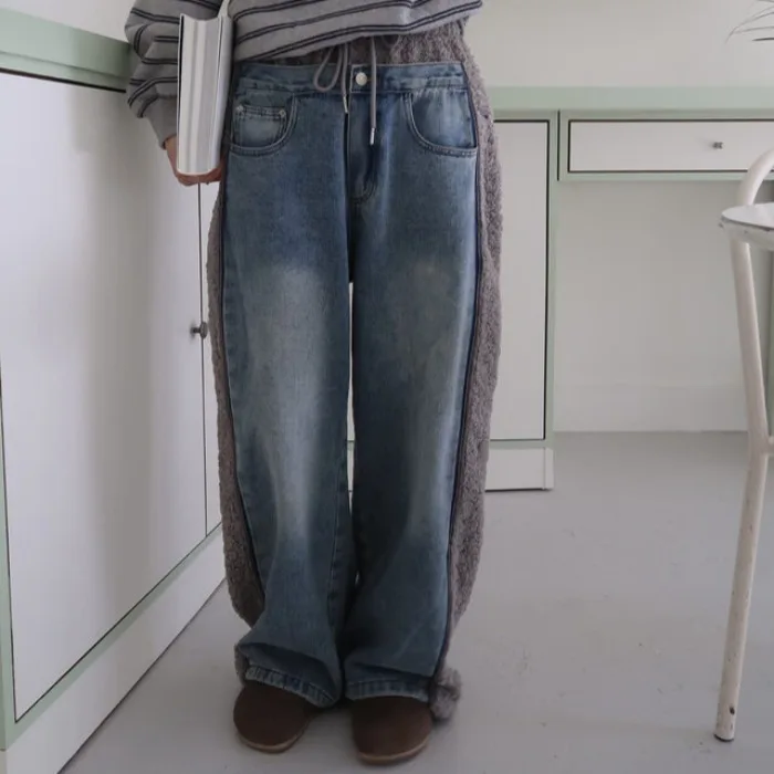 شيك المرأة Fce منقوشة مطاطا Waisand الدافئة الدنيم Sweatpants فضفاضة تناسب الخريف الشتاء بناطيل كاجوال مربوط الكفة الجينز