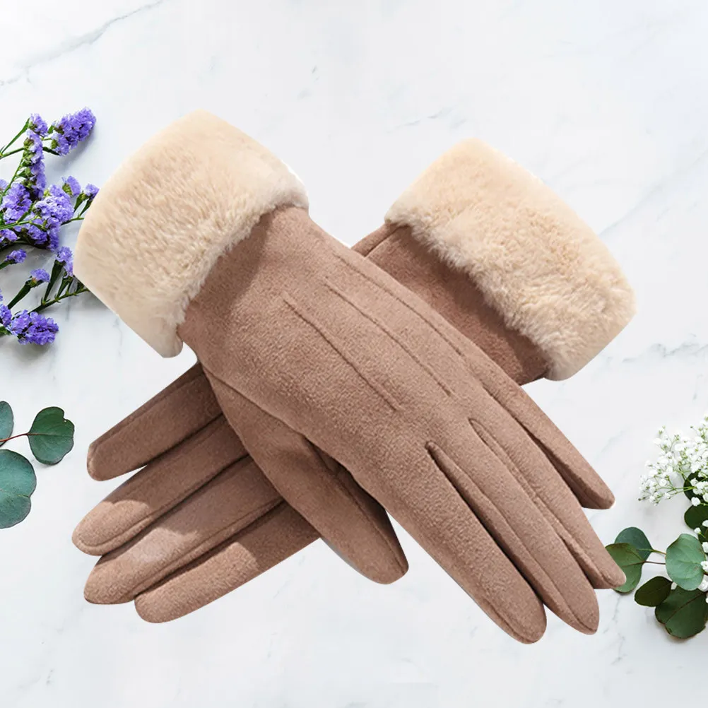 

1 Pair Thickened Warm Gloves For Women Touch Screen Windproof Full Finger Coverage For Skiing Cycling Driving Riding Khaki