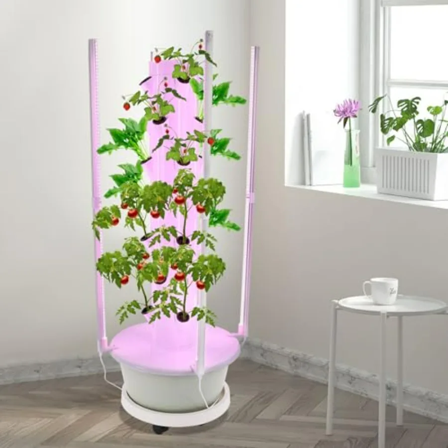 Hydroponic growing tower for indoor/outdoor garden farms and schools: white 7-tier vertical system with LED grow lights, 24-hou view 4