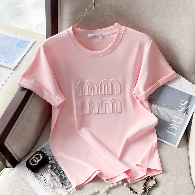 

2024 Spring/Summer New Design Sense Embossed Printing Pure Cotton Short sleeved T-shirt for Women's Leisure Simple and Versatile