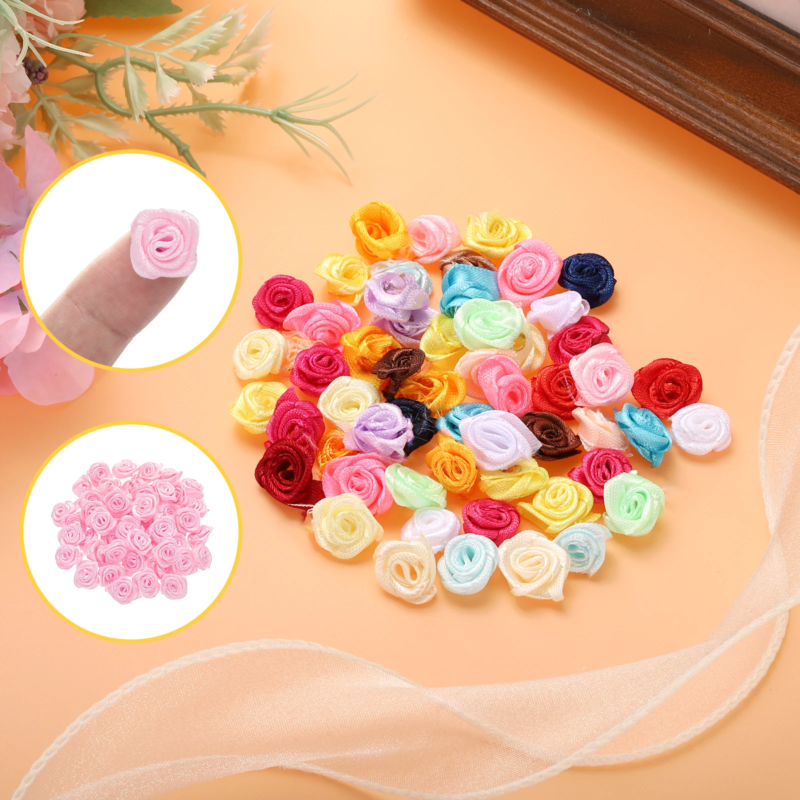 100Pcs 1.5cm Mini Satin Ribbon Roses Handmade Rolled Rosette Flower for DIY Crafting Accessories Sewing Wrapping Decoration