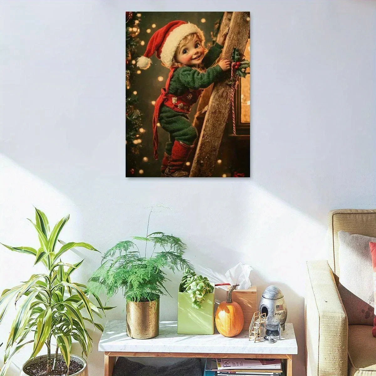 1 Piece Wall Decoration Poster Indoor Home Decor Christmas Elf Wall Decoration for Living Room Bedroom Office and Cafe Framed