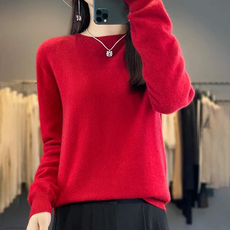 Autumn Winter 100% Pure Wool Soft Sweater Women First Line Seamless O-neck Pullover Basis Casual Cashmere Warm Knitting Top