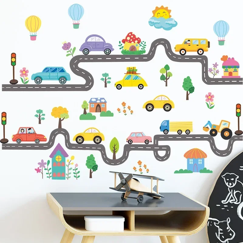 Cartoon road car Hot Air balloon house trees children\'s room background decorative wall stickers self-adhesive home accessories