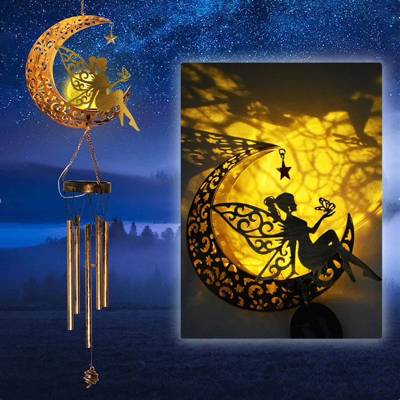 Solar Iron Wind Chime Lamp, Hollow Solar Floodlight, Estilo europeu, Ao ar livre, impermeável, Lâmpada de jardim decorativa