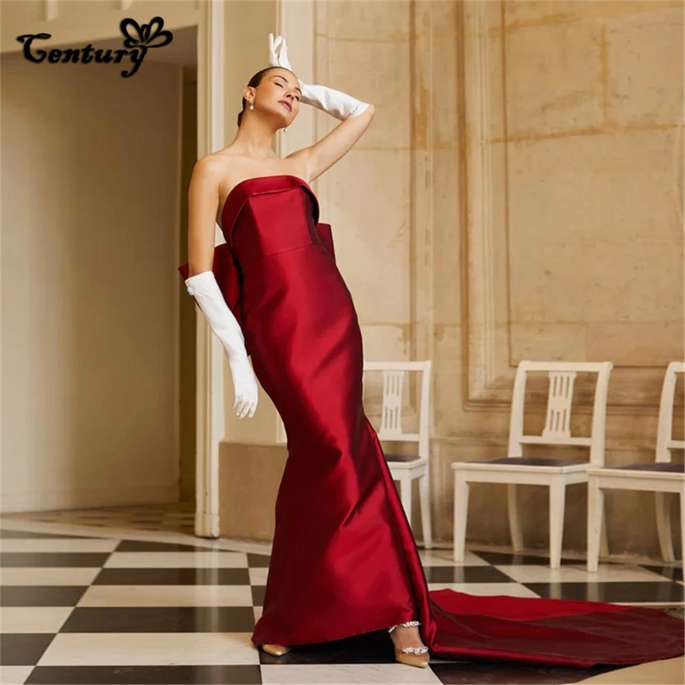 Dark Red Prom Dress Long 2023 Big Bow Strapless Sweep Train Satin Mermaid Formal Evening Party Gowns Robe De Soiree Customized