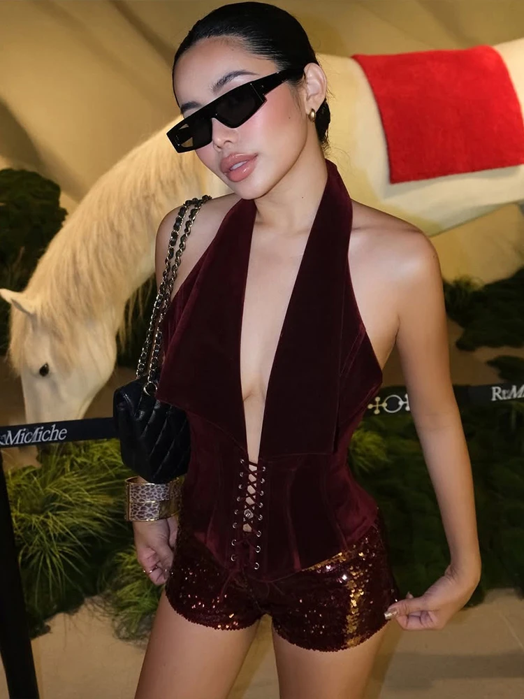 

Weird Puss Coquette, сексуальный комплект из 2 предметов, женский топ с лямкой на шее и открытой спиной, гофрированная майка + короткая велосипедная одежда с блестками, уличная одежда для полуночной вечеринки