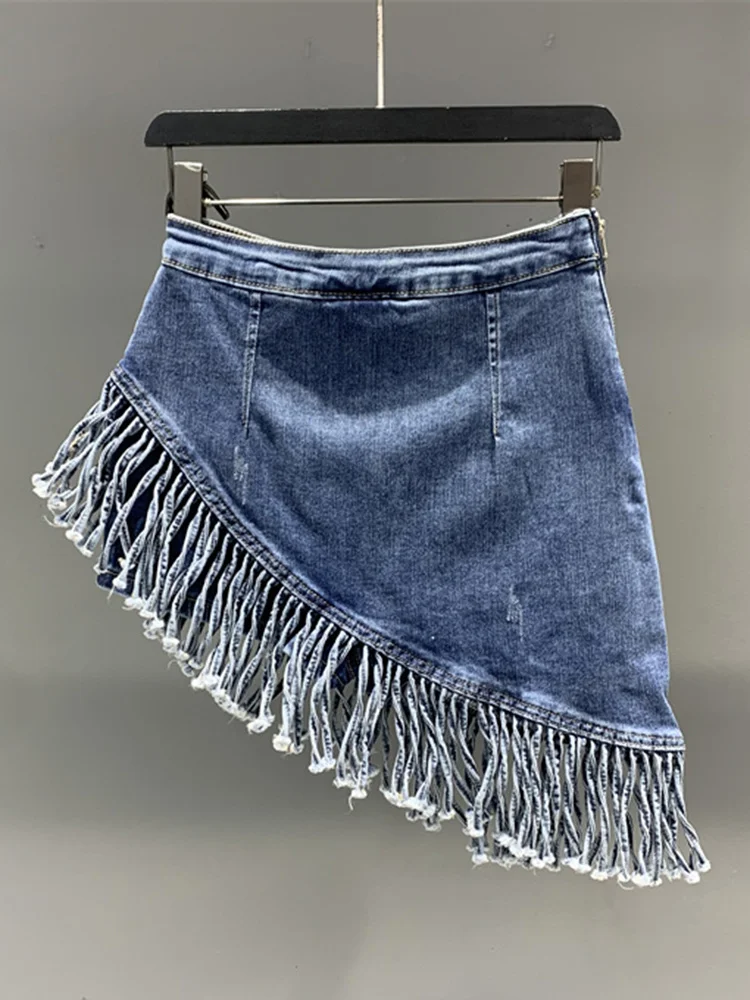 

2023 Summer New Women's Skirt Solid Color High Waist Irregular Tassel Denim Skirt Versatile Fashion Female Tide O421