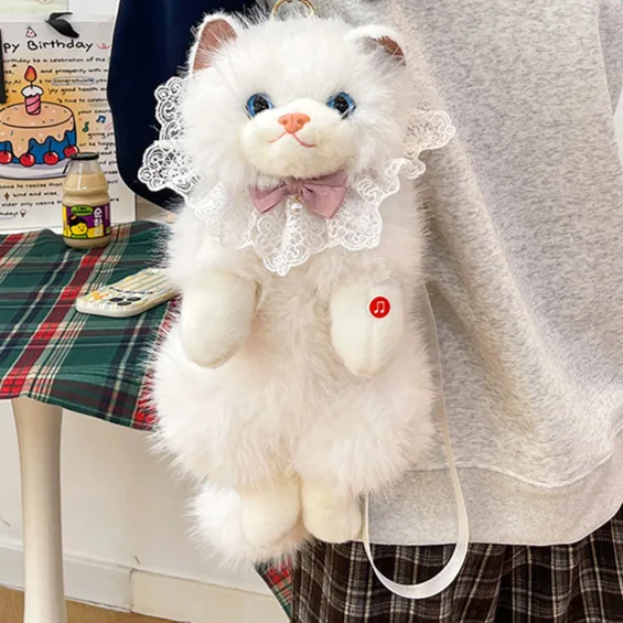 4 Colors Music Sound Plush Cat Crossbody Backpack Lace Collar Bowknot Faux Fur Kitten Shoulder Bag Kawaii Women Birthday Gift