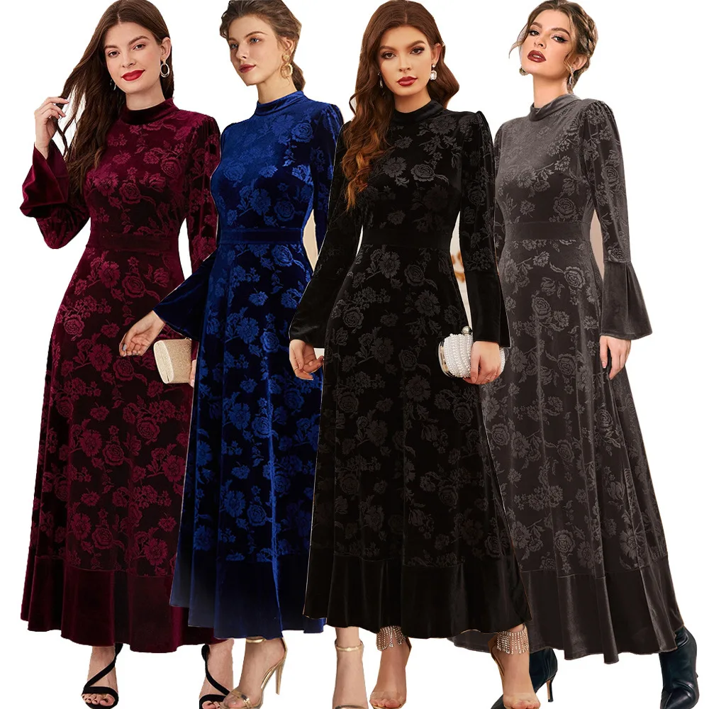 YS-09 Fashion Autumn/Winter New Women's Clothing Elegant Velvet Pattern Lace Long Sleeve Dress