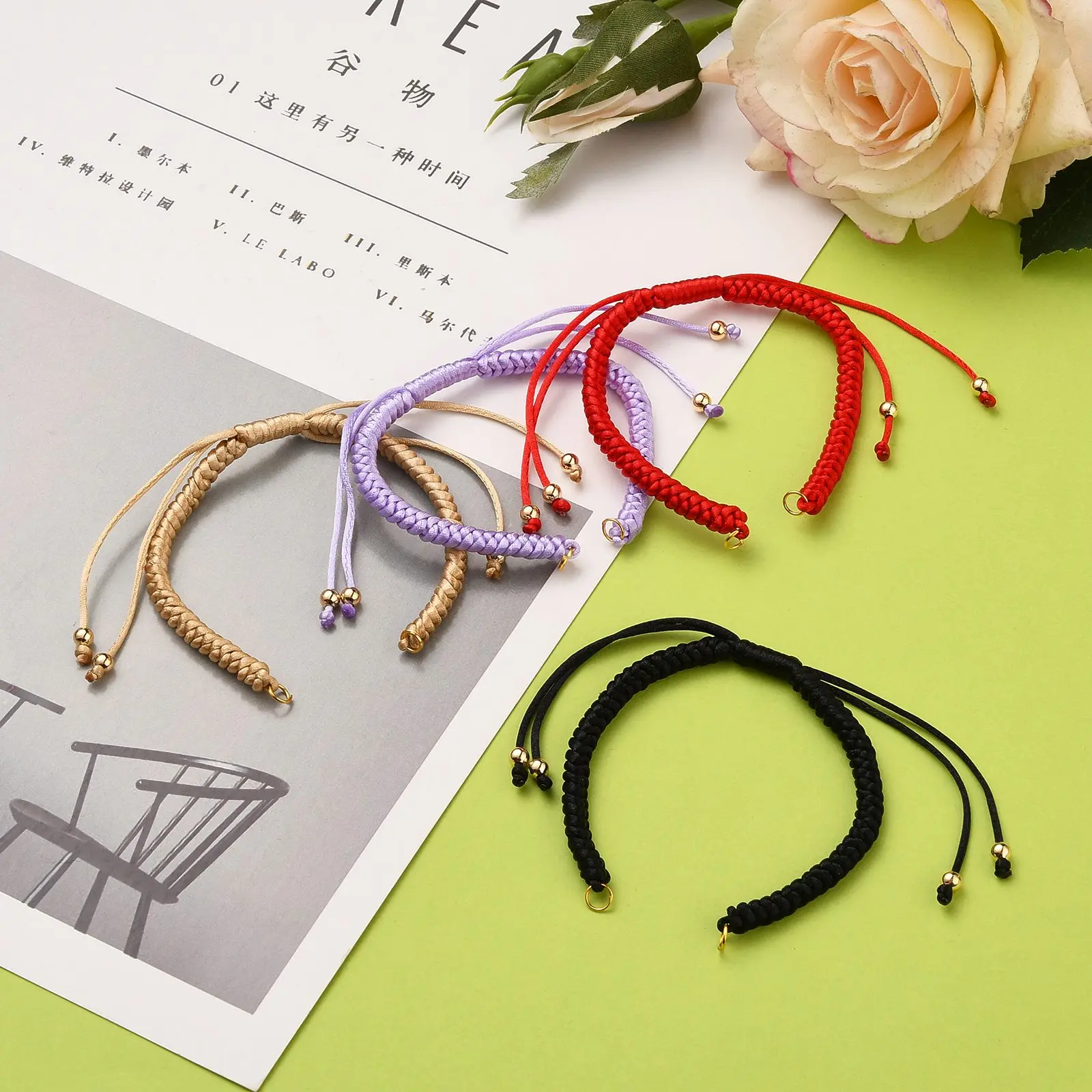 20Pcs Adjustable Braided Nylon Bracelet Making with 304 Stainless Steel Jump Rings & Round Brass Beads for Jewelry Making