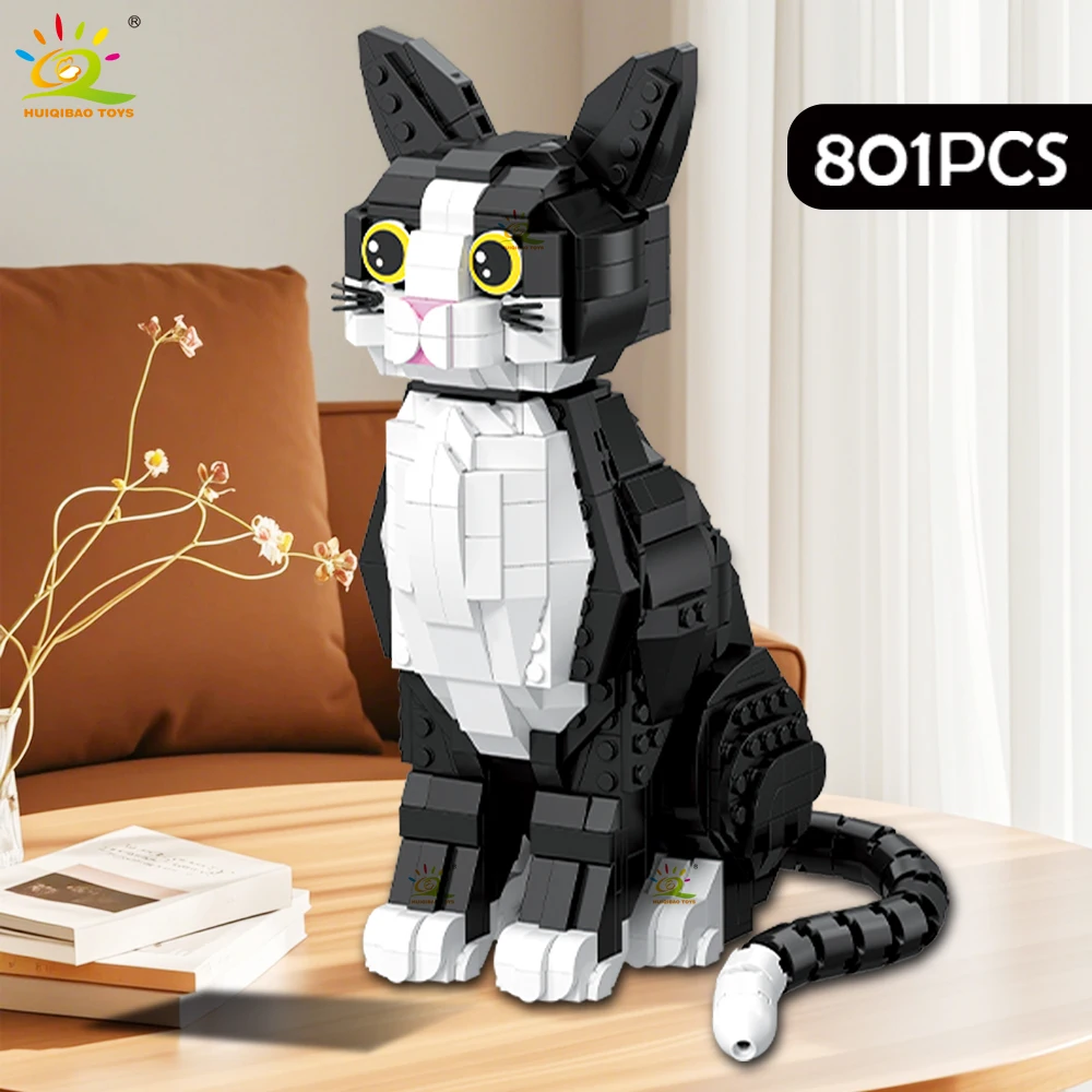 HUIQIBAO MOC Black and White Tabby Cat Model Building Block Animal Series Bricks Assembly Toy For Children DIY Home Desk Decor.