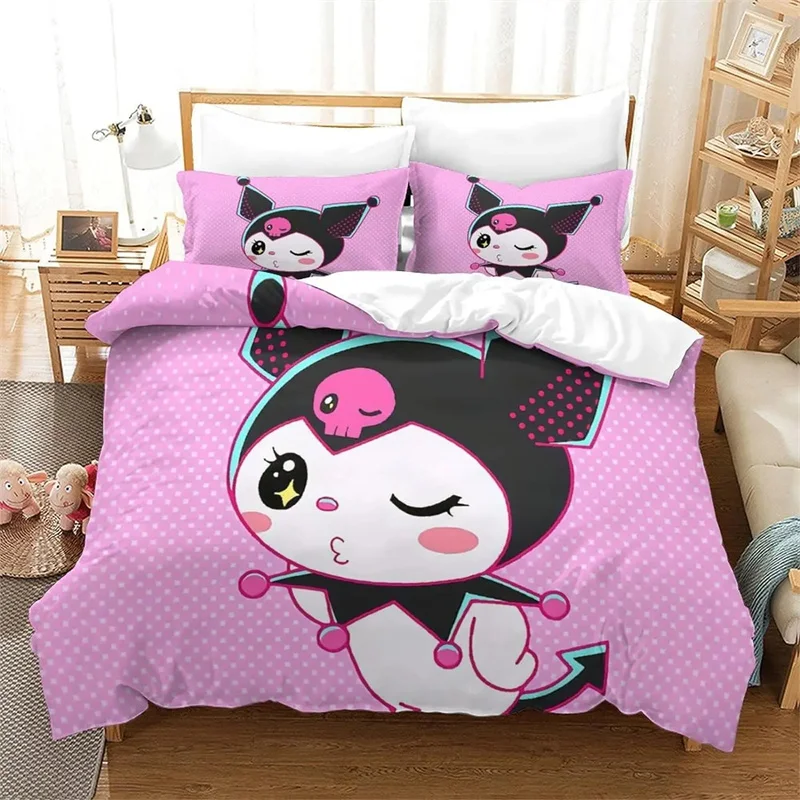 Kuromi Bedding Set para Adolescentes, Quilt Cover, Fronha, Costura Bordado, Padrão Dos Desenhos Animados, Presente Infantil