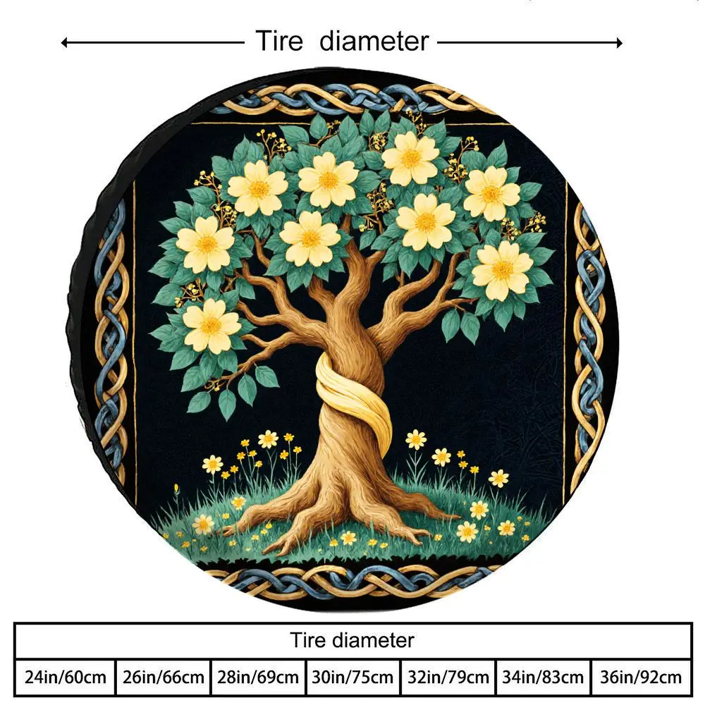 Tire Cover With Artistic Tree Print, Made Of Polyester Fiber, Featuring Medieval Celtic Knot Decorations, Golden Ribbon Tree Pat