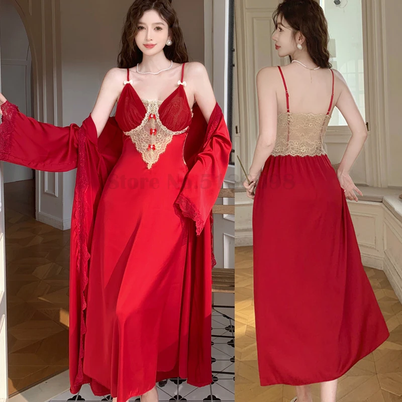 Wedding Bridal Morning Robe Set Sexy Lace Open Back Nightgown Burgundy Long Bathrobe Kimono Gown Female Loose Casual Home Dress