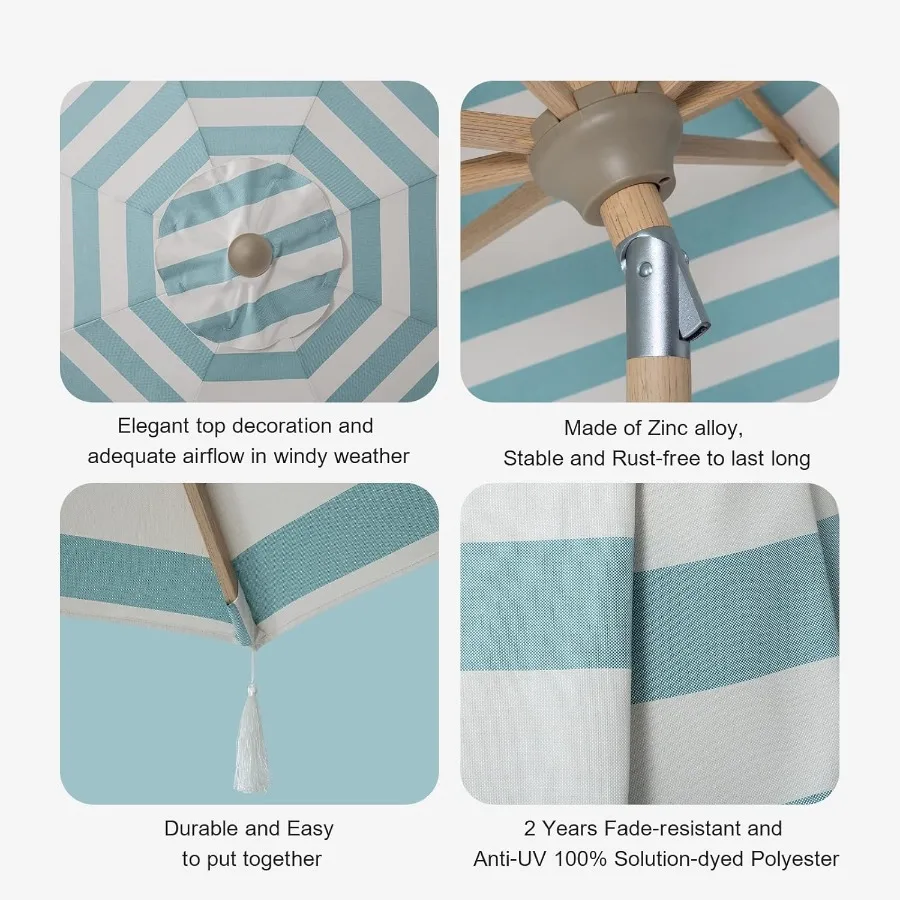 Striped Patio Umbrellas for Outdoor Table Use with Crank and Push Button Tilt Mechanism AutoTilt Feature 8 Steel Ribs Durable H