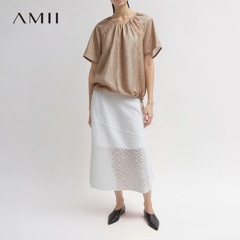 Amii Women's Blouse 2026 Summer New Round Neck Drawstring Tie Raglan Sleeve Tops Loose Casual Textured Chiffon Shirt 12622150