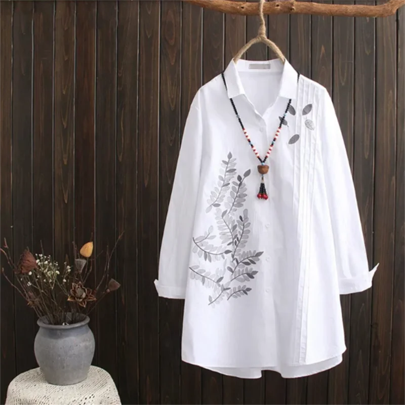 

Белая рубашка средней длины, женские рубашки с вышивкой, хлопковые топы, свободные рубашки-кардиганы больших размеров, весенне-осенняя повседневная женская блузка