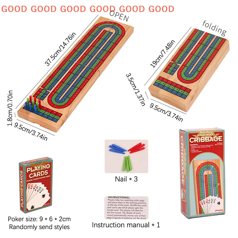 Gioco da tavolo Cribbage in legno Classico gioco da tavolo Cribbage a 3 tracce per adulti da interno ed esterno con 9 picchetti Cribbage Gioco da tavolo di carte portatile