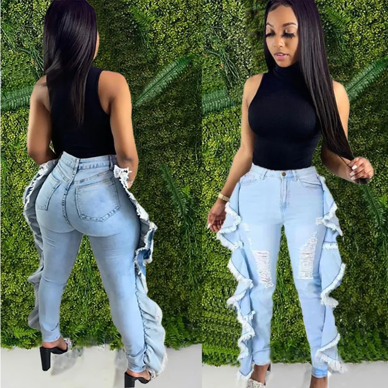 

Casual Ripped Hole Side Ruffled Women Jeans Streetwear 2023 Summer Fashion Elastic Trousers Stretchy Skinny Pencil Denim Pants