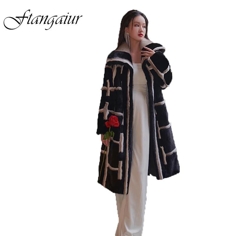 Ftangaiur Winter Women Import Velvet Mink Fur Coat Turn-Down Collar Contrast Color Mink Coats Women's X-Long Real Mink Fur Coats