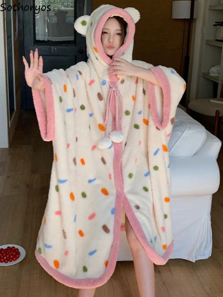 

Hooded Robes for Women Plush Cute Warm Home Clothes Cloak Shawl Korean Fashion Daily Comfortable Trendy Winter Sleepwear Ulzzang