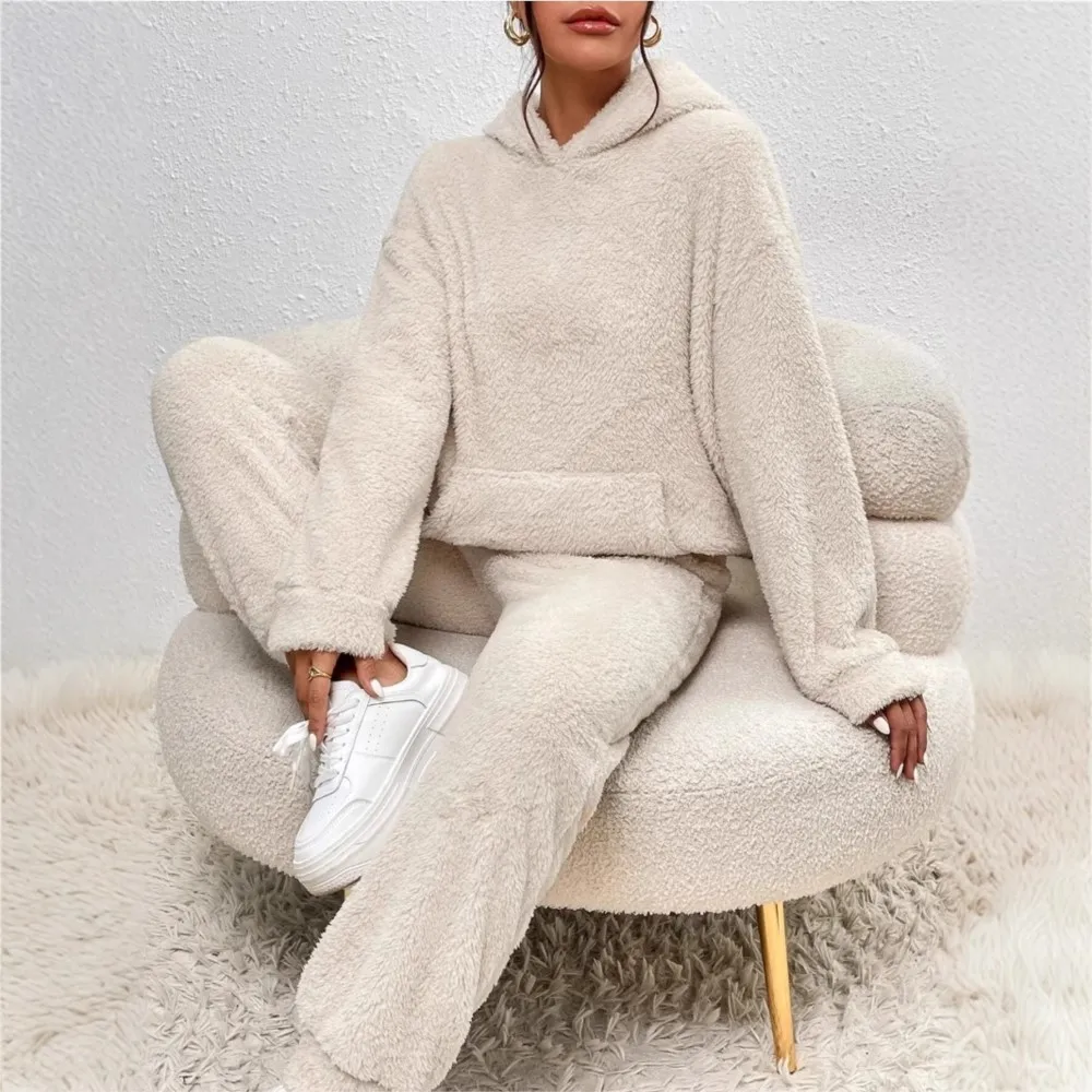 Autumn Winter Plush Hooded Sweatshirt Trousers 2 Piece Set Women's Fashion Pocket Warm Casual Home Clothing Hoodie Trousers Suit