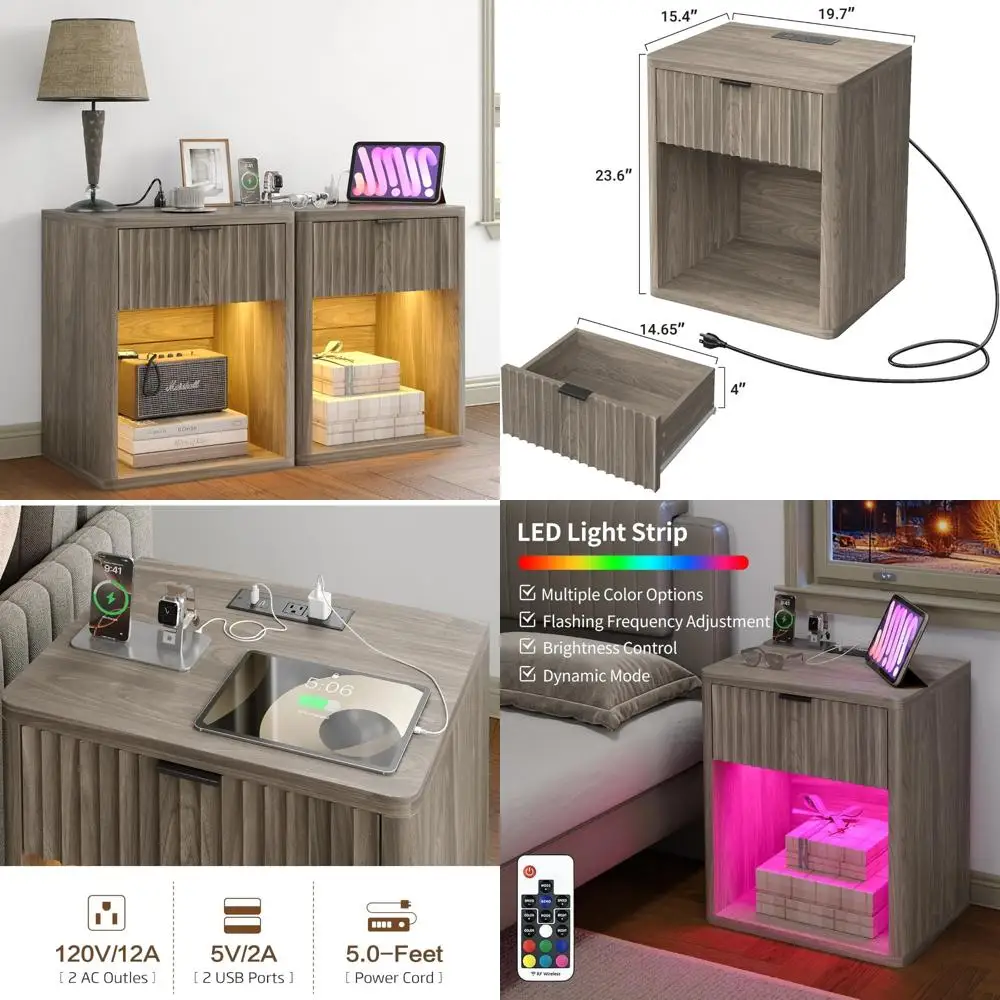 Modern Large Wood Nightstand Set with Charging Station and LED Light, Fluted Design Bedside Table with Drawer Storage for Bedroo
