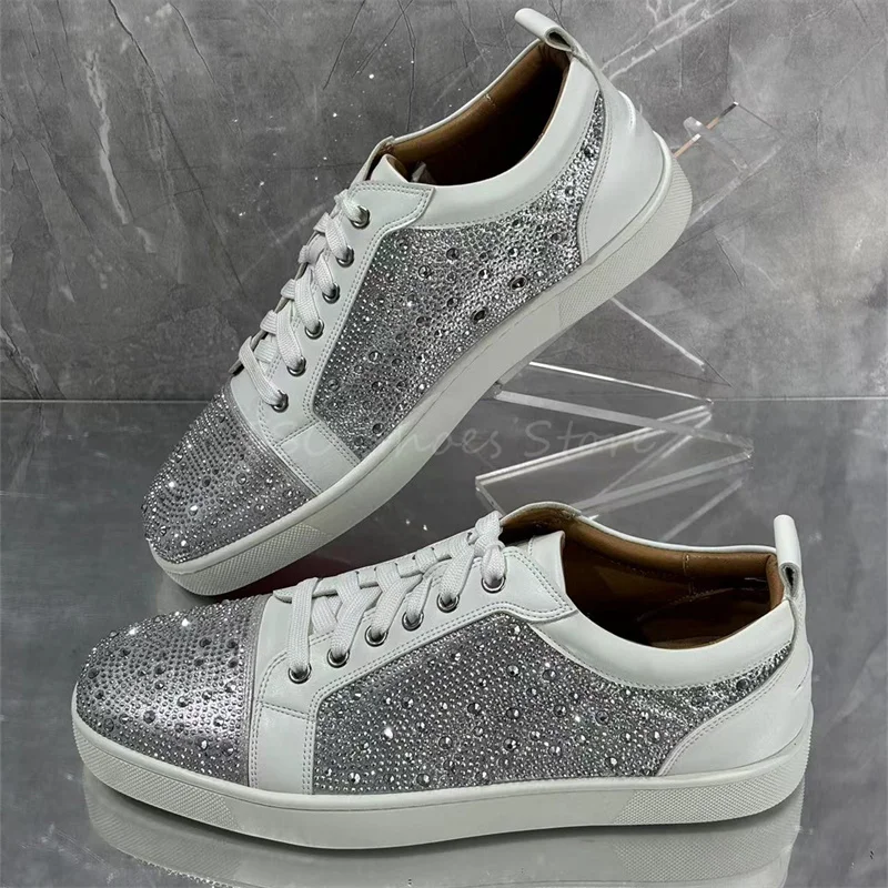 Rhinestone Casual Sports Shoes for Men and Women White and Silver Lace Up Sneakers Designer Brand Design Shoe Fashion Big Size48