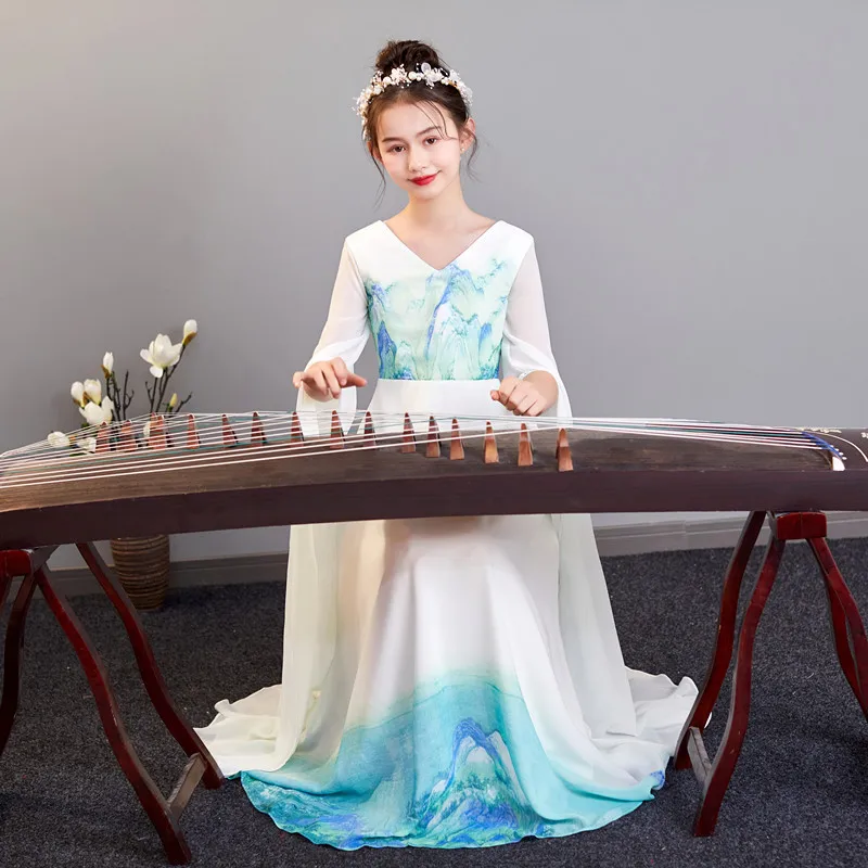 Estilo chinês decote em v branco impressão hanfu meninas traje antigo guzheng vestido de fadas cosplay palco wear