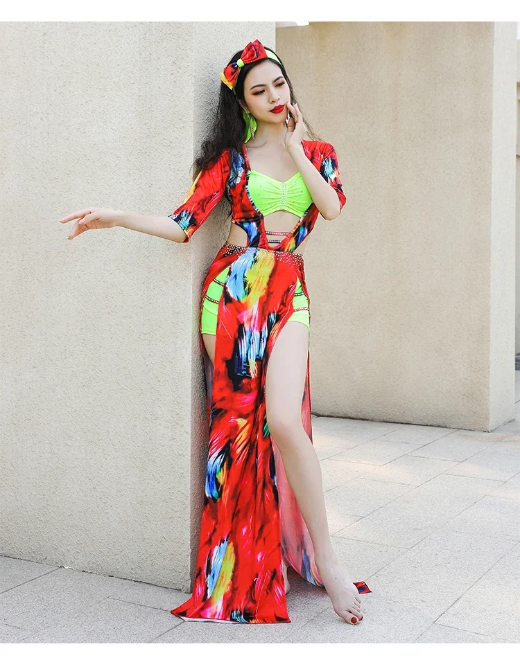 Женская униформа для танца живота, платье Baladi с цветочным принтом, платья Saidi, комплект народных костюмов для девочек, длинный халат с повязками на голову