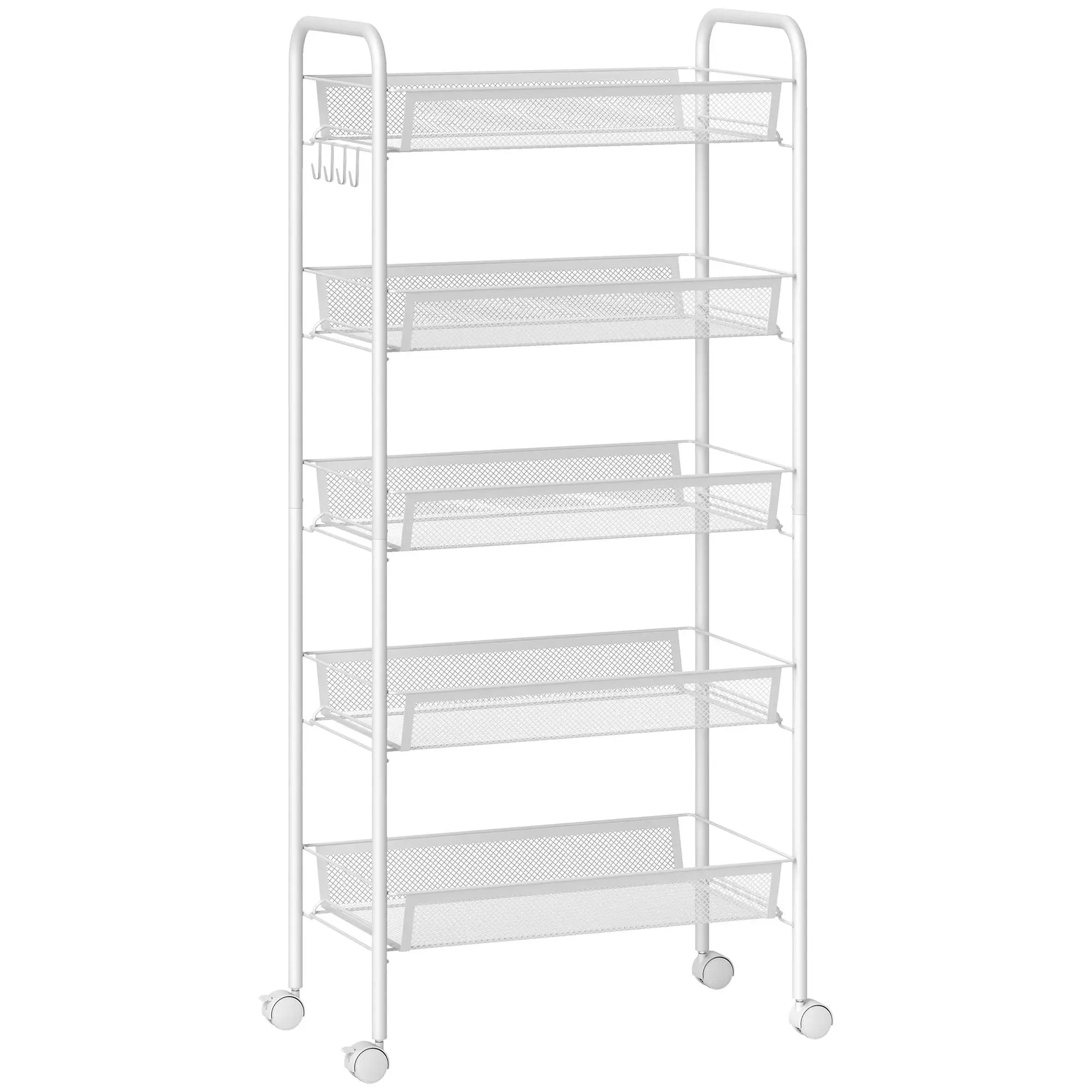 Carrito de almacenamiento de acero inoxidable blanco de 5 niveles con ruedas, apilable, para cocina, oficina, garaje y artículos diversos.