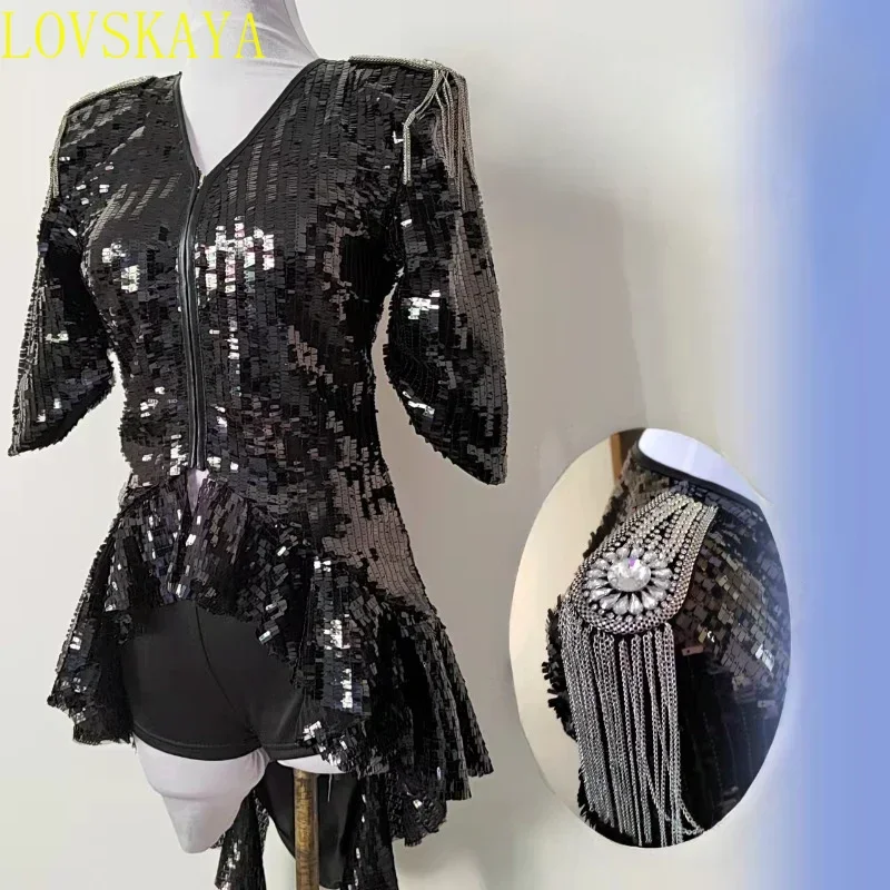 New sexy women's black sequin jacket clothing, female singer stage clothing, jazz clothing, slim fit shorts, nightclub