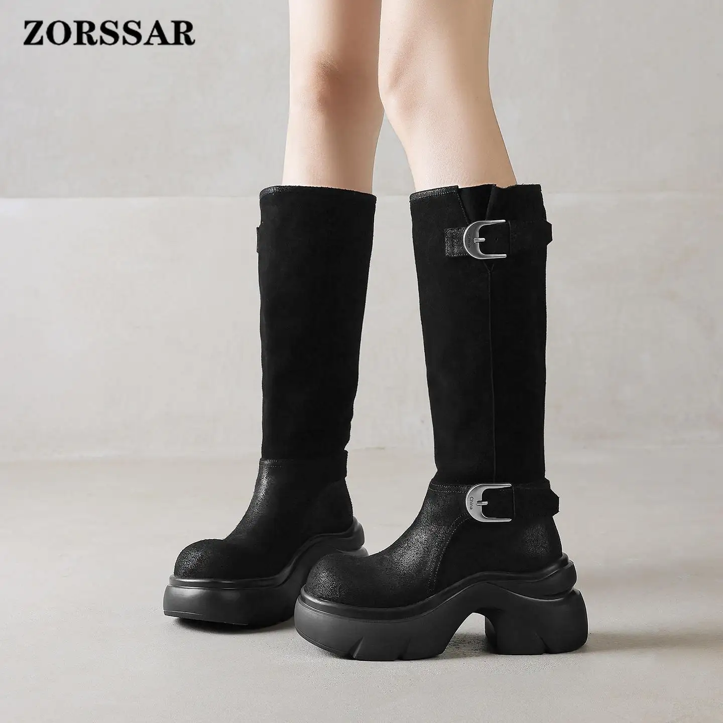 ZORSSAR Cow Split Skin Nubuck Round Toe Thick Bottom Platform Causal British School Metal Buckle Dating Ins Thigh High Boots