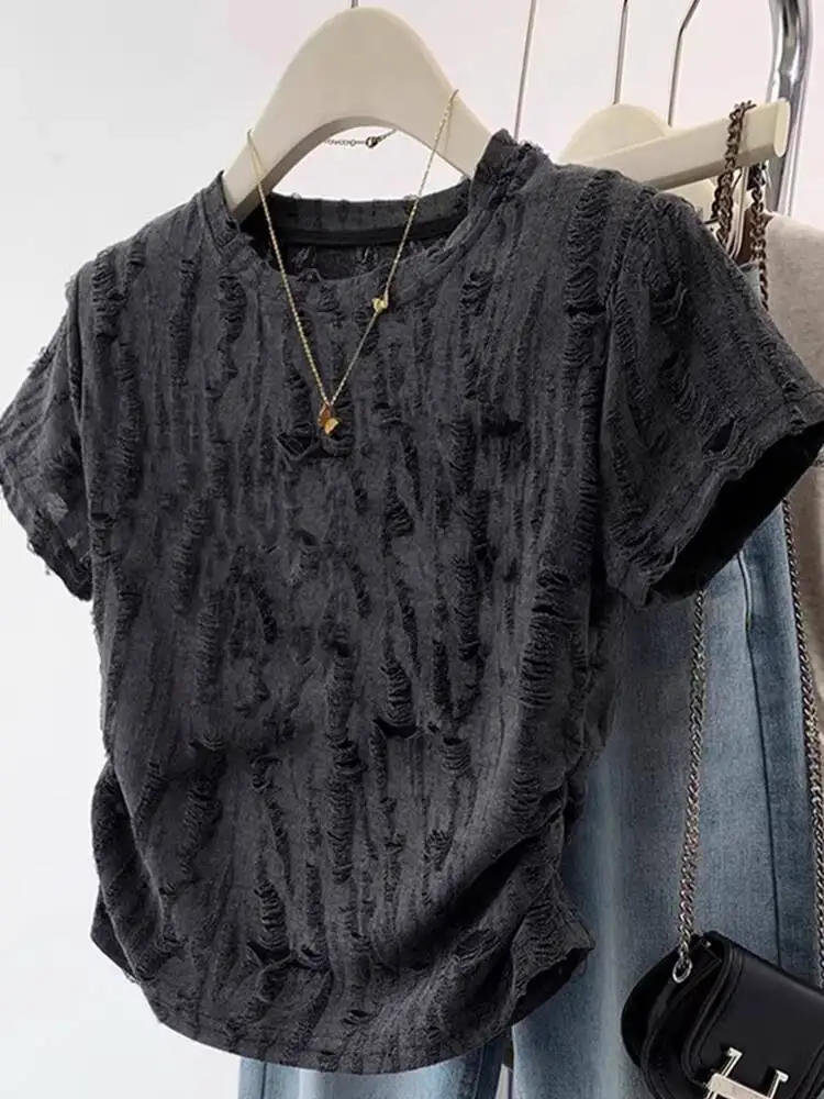 

American Sle ort Sve T irt Women's Summer New Folded Waist Inseparable Design Hole Design Casual Faion Top