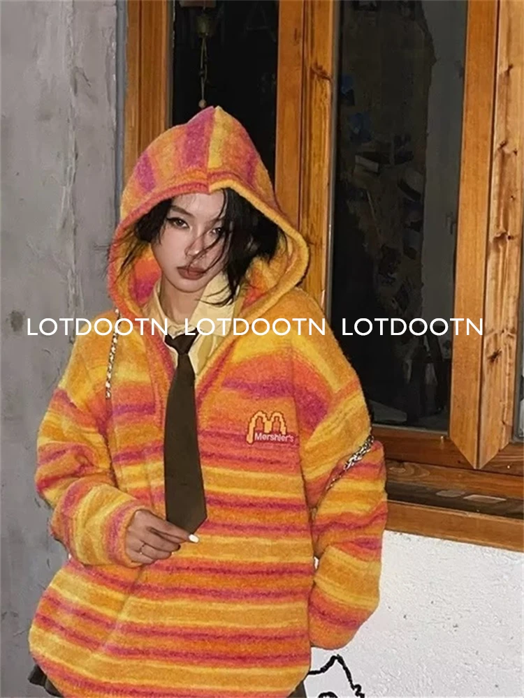 LOTDOOTN strisce colorate felpa con cappuccio lavorata a maglia allentata donna Y2K maglioni invernali Vintage Casual coreano Harajuku Pullover