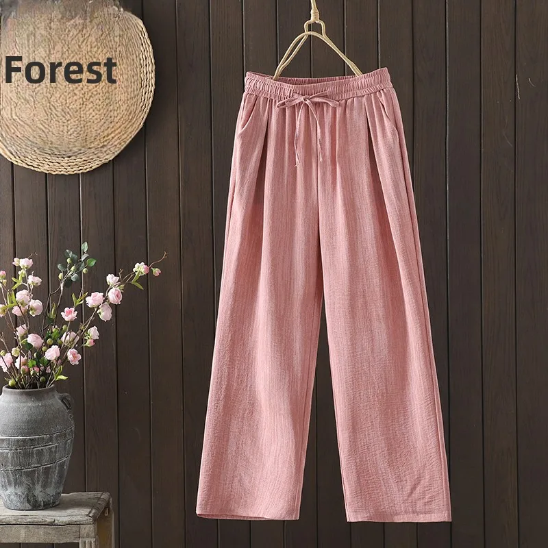 Spring Autumn Wide Leg Pants Women's Thin High Waist Draped Ice Silk Straight Leg Lazy Floor-Length Pants Cotton Linen
