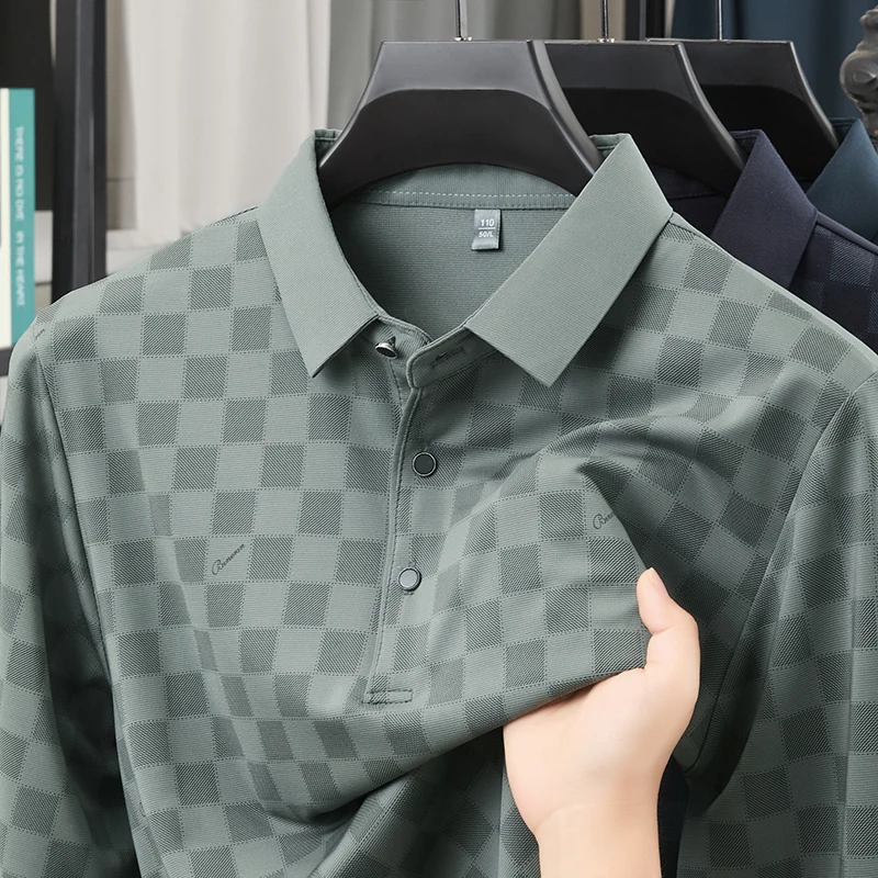 

TFETTERS Men's Long Sleeve Checkered T-Shirt 2025 Spring Autumn Business Casual Soft Comfortable Men's Top for Daily Office Wear