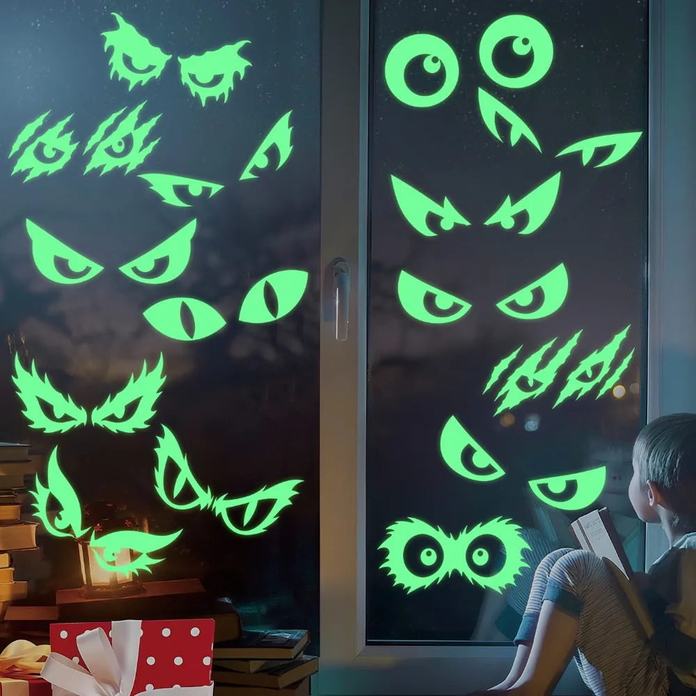 2 Sheet Fluorescent Halloween Luminous Wall Sticker Ghost Pumpkin Eye Pattern PVC Window Sticker Green Light