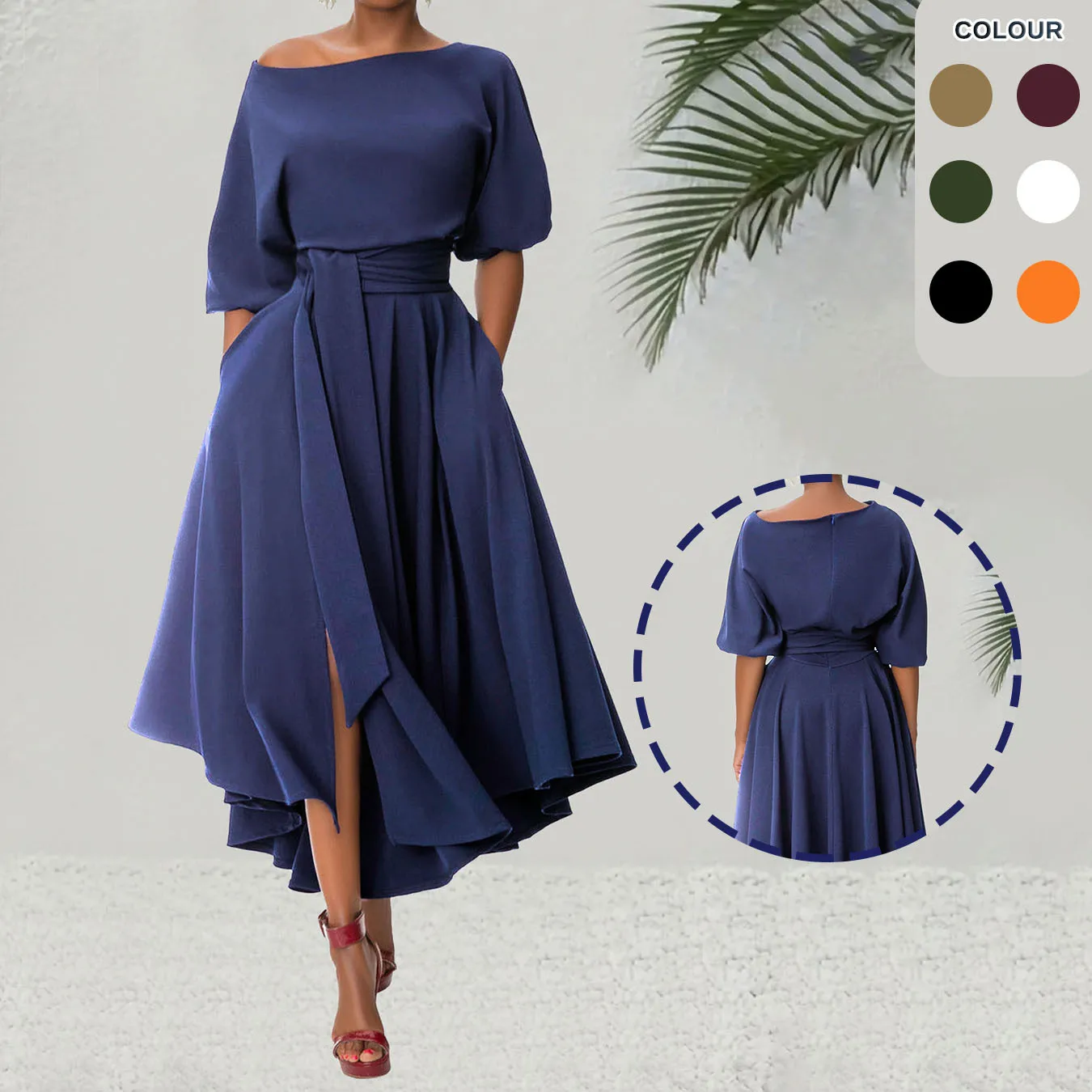 

Women Elegant One Shoulder Midi Dress Puff Sleeve Waist Belted High Low A-Line Party Dress