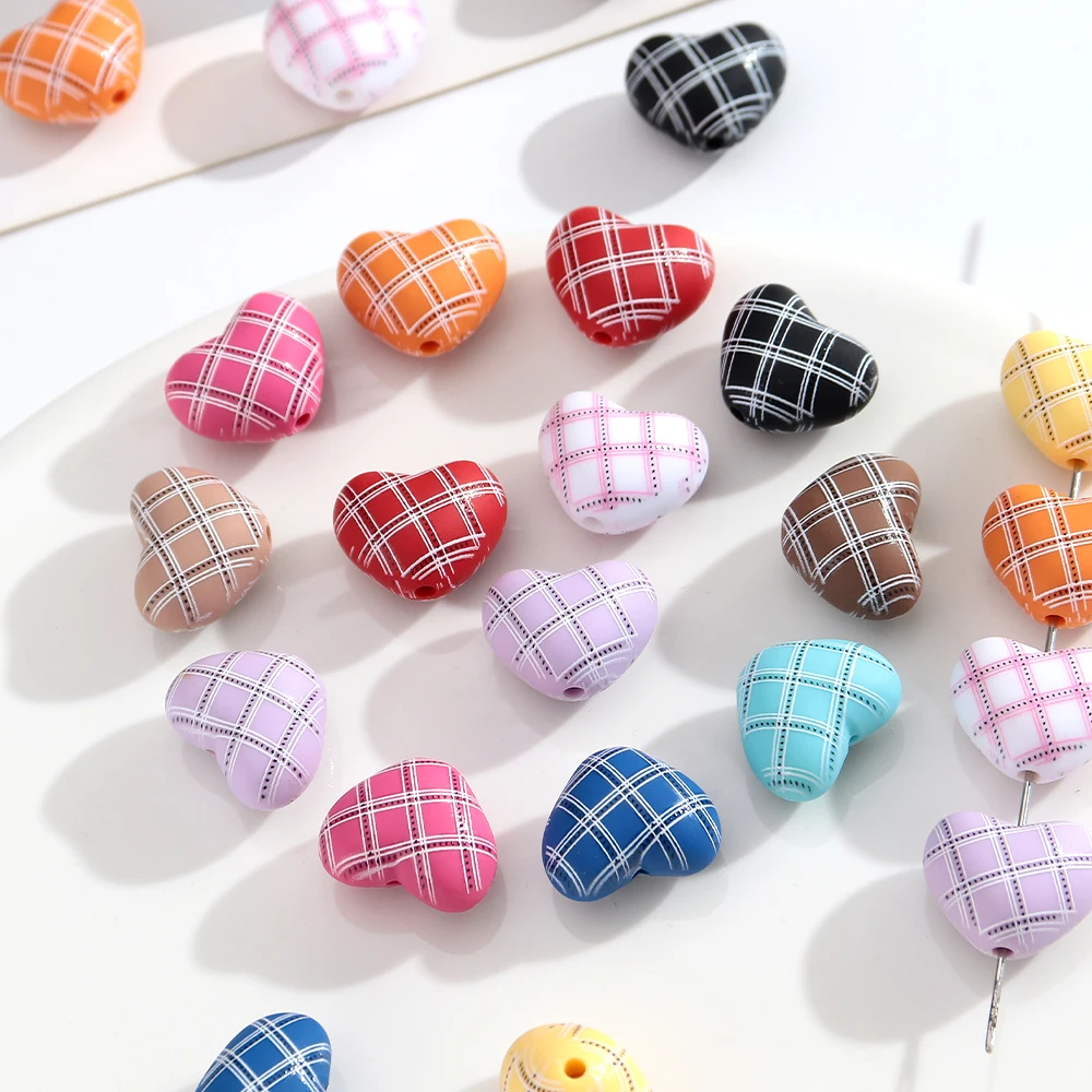 Colorful Matte Plaid Heart Beads 24x19mm Acrylic Checkered Love Heart Loose Beads for DIY Jewelry Making Bracelet Necklace Craft