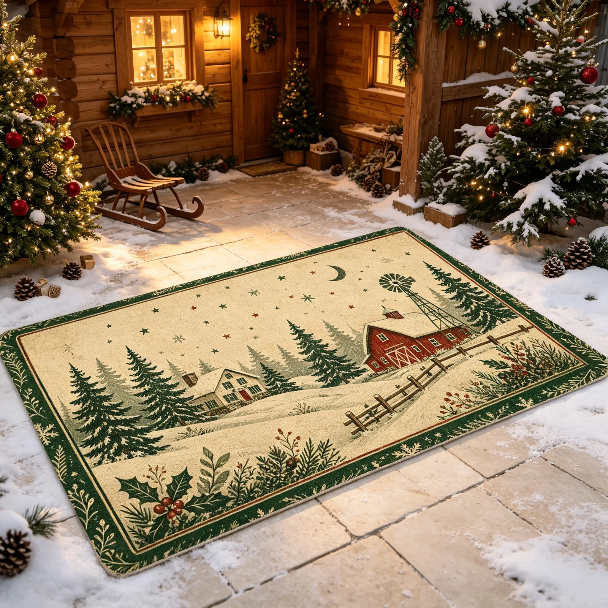 Xmas Rural Barn Windmill Kitchen Counter Mat Super Absorbent Dish Drying Pad Non Slip Table Mat For Winter Use