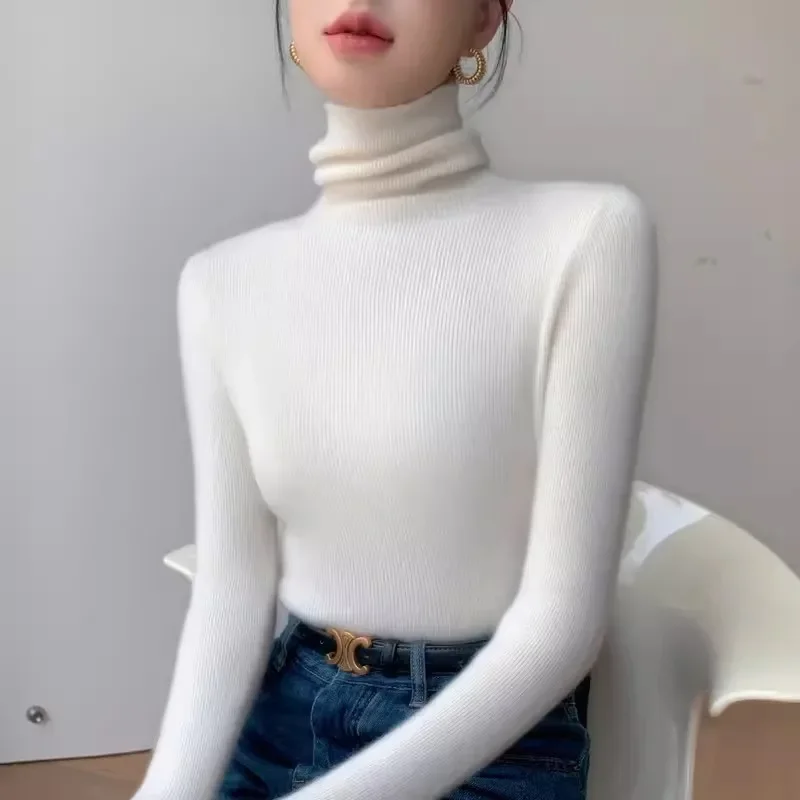 Frauen Gestrickte Dünne Weiße Pullover Casual Solide Pullover Langarm Tops Herbst Winter 2025, Rollkragen Jumper Weibliche